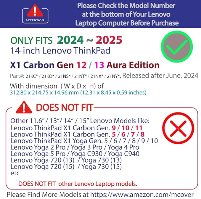 mCover Hard Case ONLY Compatible for 2024-2025 14" Lenovo ThinkPad X1 Carbon Gen 12 Windows Notebook PC (with 180-degree Hinge, NOT Fitting Any Other Lenovo Models) - Red