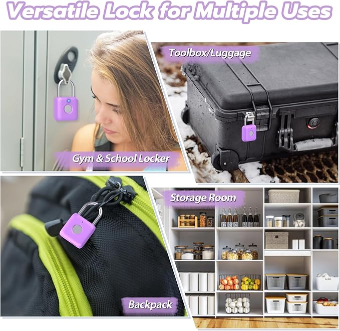 Fingerprint Padlock,Smart Padlock APP Control,Gym Locker Lock,Fingerprint Lock USB Rechargeable for Gym Locker,Locker, School,Storage Purple