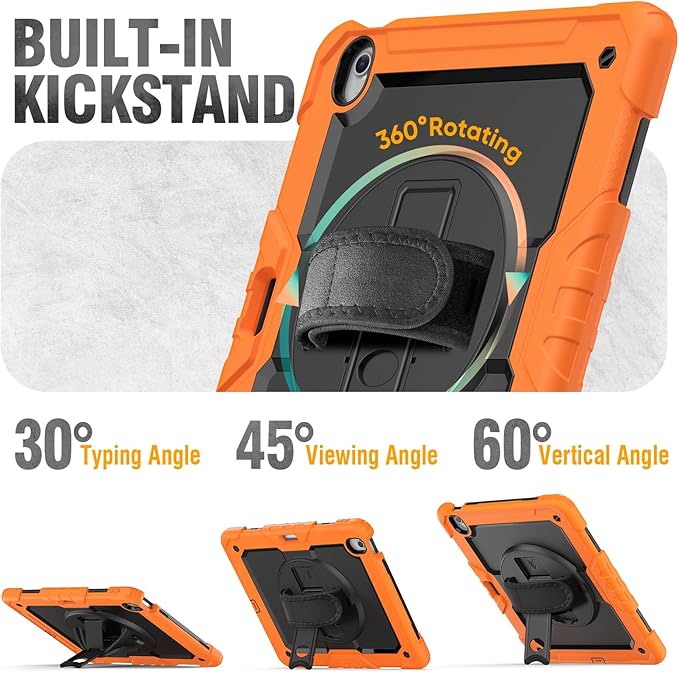 HXCASEAC Rugged Case for iPad Air 11 inch M4 M3 M2 (2026 2025 2024), Heavy Duty Protective Design with Pencil Holder, Screen Protector, Rotating Stand, Hand Strap, for iPad Air 11 Hard Case (Orange)