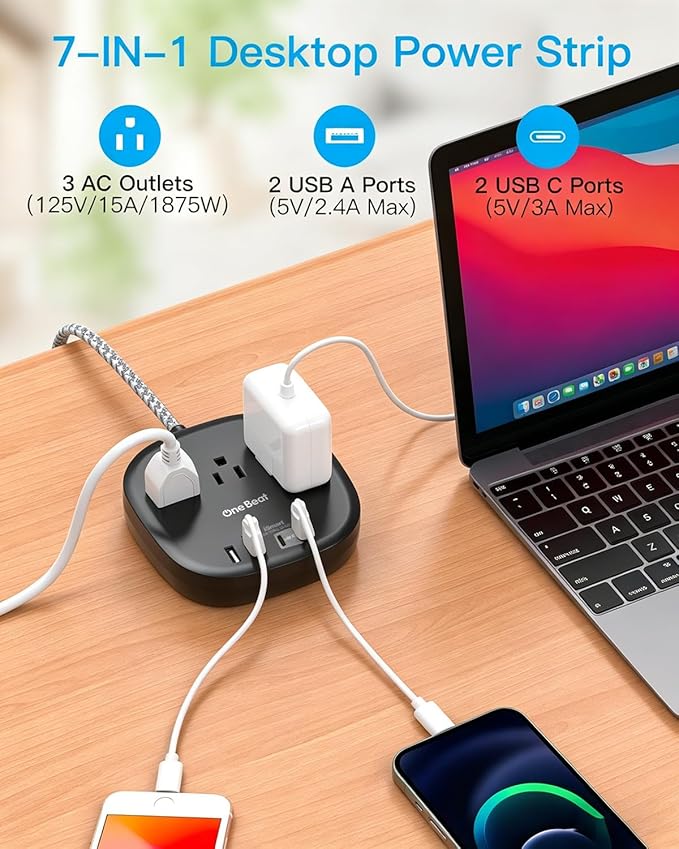 Cruise Ship Travel Essentials, 22.5W/4.5A Flat Plug Power Strip, Flat Extension Cord 3Ft, 3 Outlets 4 USB Ports (2 USB C) Cruise Approved Power Strip No Surge Protection, USB Charging Station, Black