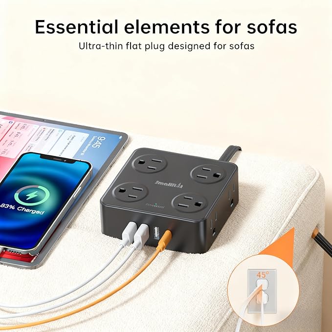 12 in 1 Power Strip Extension Cords with Multiple Outlets, 8 Outlets & 4 USB Ports Extension Cord, Flat Plug Compact Charging Station