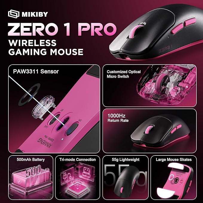 Zero 1 Pro Gaming Mouse,55g Ultralight Wireless Mouse, PAW3311 12K DPI, Tri-Mode 2.4G/Bluetooth/USB-C,Programmable Ergonomic Design,for Laptop/PC/Mac(Black & Pink)