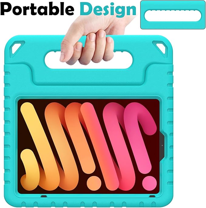 AVAWO Kids Case for iPad mini 7 (A17 Pro) 2024 8.3 inch, Mini 6 2021 with Built-in Screen Protector, Shockproof Lightweight Handle Stand Cover for Model (A2995/A2996, A2567/A2568/A2569), Turquoise