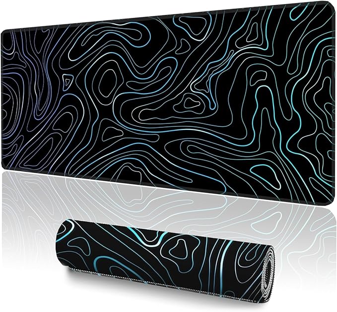 Topographic XXL Mouse Pad (47.2x23.6 Inch), Giant Gaming Desk Mat with Stitched Edges, Waterproof Non-Slip Full Desk Pad, Aesthetic Blue Line Art Decor