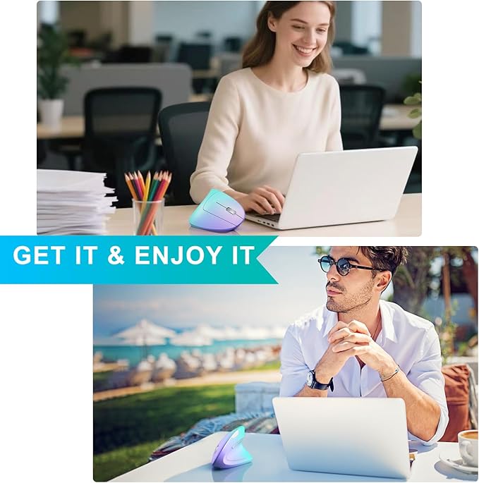Lekvey Ergonomic Mouse, USB C Wireless Vertical Mouse, Dual Mode Rechargeable USB-A & Type-C Ergo Mouse, 1600 DPI, Relieves Wrist Pain and Carpal Tunnel, for Laptop Computer Mac MacBook, Purple Green