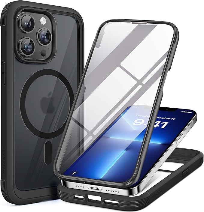 Miracase Magnetic for iPhone 13 Pro Max Case 6.7 inch, (Compatible with MagSafe) Upgrade Full-Body Clear Phone Bumper Case with Built-in 9H Tempered Glass Screen Protector, Magnetic Matte Black