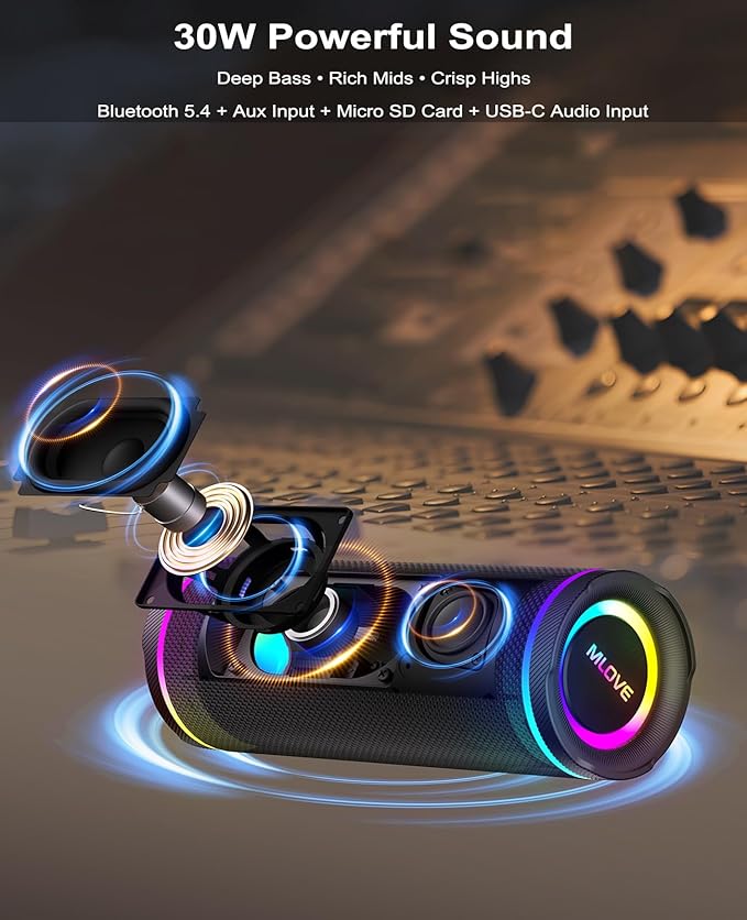 MLOVE E80 Speakers Bluetooth Wireless, Portable Bluetooth Speaker with Aux Input, Micro SD Card Slot, Bass Up, TWS, RGB Lights, IPX7 Waterproof, BT5.4 for Outdoor, Car Music, Beach, Gifts, 30W, Black