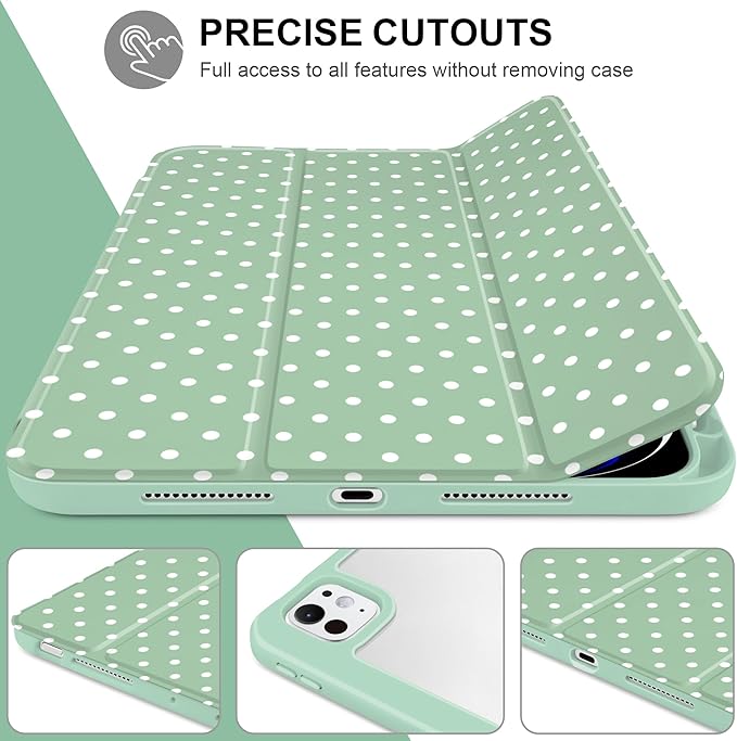 Case for iPad Pro 11 Inch (M5 2025 M4 2024) – [Built-in Pencil Holder], Shockproof & Stylish, Clear Hard Back + Soft TPU Edge, Magnetic Trifold Stand, Auto Wake/Sleep, Green White dot