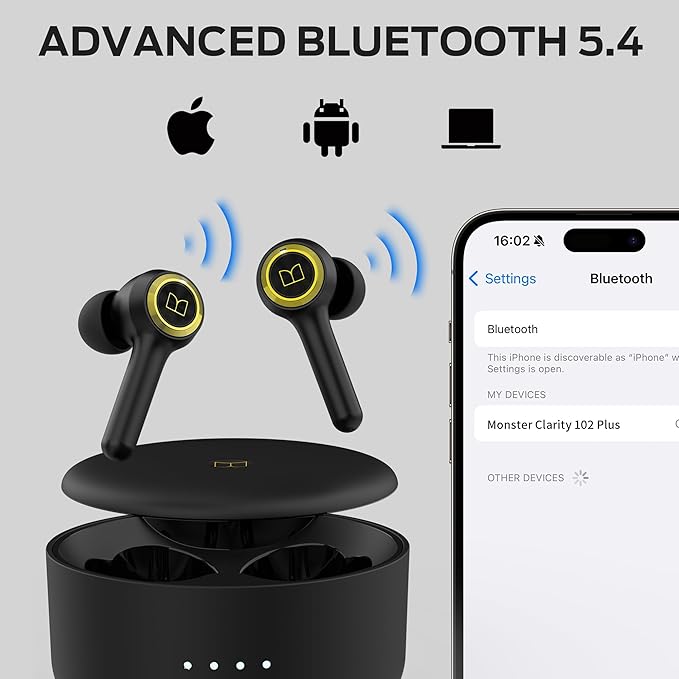 Monster Clarity 102 Plus Wireless Earbuds, Bluetooth Headphones with HiFi Stereo, 4 ENC Mic for Crystal Clear Call, 30H Playtime, Type-C Charging, IPX6 Waterproof in-Ear Ear Buds for Sports (Gold)