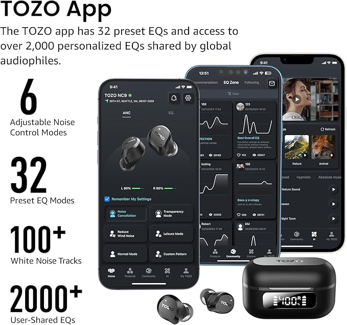 TOZO NC9 Hybrid Active Noise Cancelling Wireless Earbuds, 6 Mics ENC Clear Call, IPX8 Waterproof, in Ear Bluetooth 5.3 Headphones Stereo Bass Ear Buds 60H Playtime with LED Display 32 EQs via APP