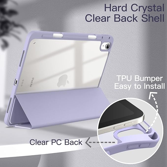 JETech Case ONLY for iPad Air 11-Inch M4/M3/M2 (2026/2025/2024), iPad Air 5/4 (2022/2020 5th/4th) with Pencil Holder, Clear Transparent Back Slim Stand Shockproof Tablet Cover (Purple)