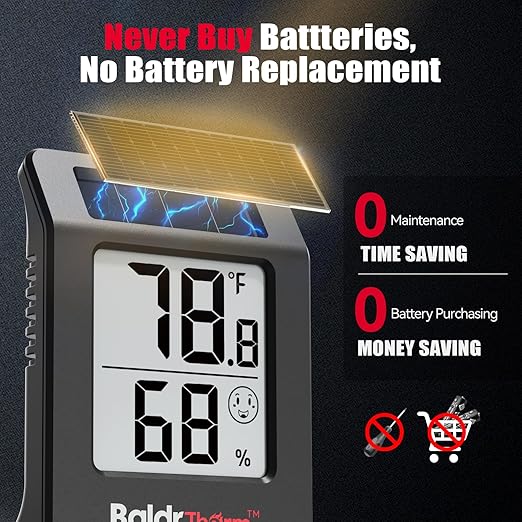 BaldrTherm Humidity Meter Hygrometer, Solar-Powered Room Thermometer Indoor Digital Temperature Sensor Monitor, 2.2''Humidity Gauge for Baby Rooms, Home, Office, 3Pack, Black