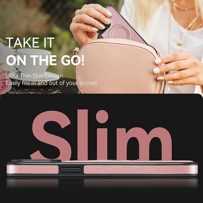 Compatible with iPhone 15 Pro Max Case with Stand, Compatible with MagSafe, Slim PU Leather & Durable TPU Protective Cover Drop-Proof with Tempered Glass Screen Protector 6.7", Rose Gold
