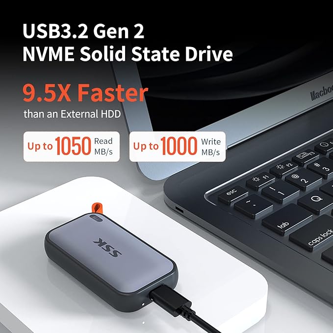 SSK Portable SSD 4TB External Solid State Drives, up to 1050MB/s USB C SSD External Hard Drive USB 3.2 Gen2 for iPhone 15/Pro, Windows, Mac, Android Phones and Tablets