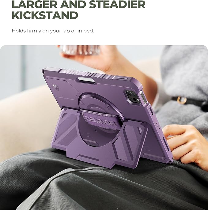 Dexnor Case for iPad Pro 11 inch 4th/3rd/2nd/1st Gen (2022/2021/2020/2018),Rugged Protective Case with 360° Rotating Hand Strap & Stand & Screen Protector&Pencil Holder Shockproof Bumper Cover,Purple