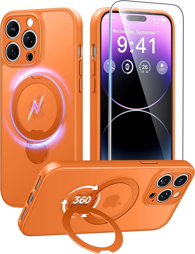 FNTCASE for iPhone 14 Pro Case: [360 Spin Magnetic Stand] [Compatible with Magsafe] [Screen Protector] Translucent Matte Military Grade Shockproof Full Camera Protective Phone Cover - Orange