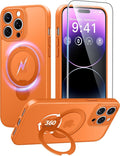 FNTCASE for iPhone 14 Pro Case: [360 Spin Magnetic Stand] [Compatible with Magsafe] [Screen Protector] Translucent Matte Military Grade Shockproof Full Camera Protective Phone Cover - Orange