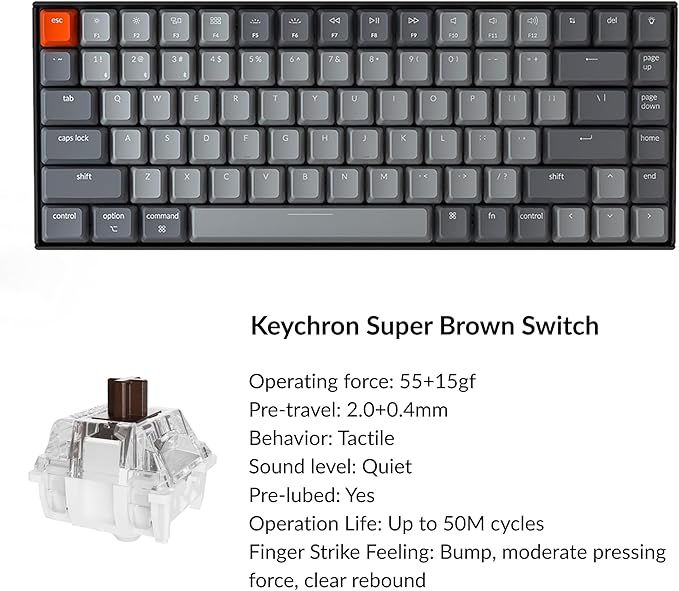 Keychron K2 75% Layout Bluetooth Wireless Mechanical Keyboard Super Switch/White LED Backlit/USB C/Anti Ghosting/N-Key Rollover, 84 Keys Gaming Keyboard for Mac Windows-Version 2