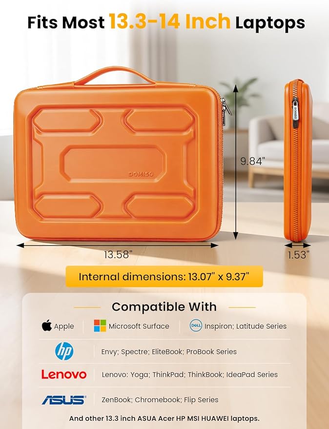 DOMISO Laptop Hard Case 14-14.4 inch Waterproof Shockproof Hard Shell Laptop Sleeve with Handle & Storage Pocket, Compatible with MacBook, HP, Dell, Orange