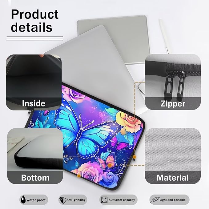 Butterfly Computer Sleeve for Women Laptop Sleeve 12inch Neoprene Lap Top Case with Padded Compartment Computer Carrying Case Purple Rose Laptop Sleeve Bag