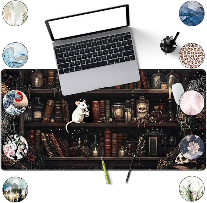 Dark Witchy Desk Mat Gaming Desk Pad Large Mouse Pad, Magician'S Fantasy Bookcase Gothic Mouse Mat XXL Laptop Keyboard Pad, Laptop Keyboard and Mouse Mat Desktop Protector Mat 31.5 X 15.7 in