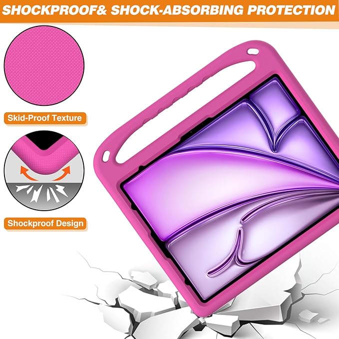 Kids Case for Apple iPad Air 13 inch Tablet M4/M3/M2 (2026/2025/2024) with Pencil Holder, Anti-Slip Handle Slim Lightweight Stand Shockproof Soft EVA Protective Silicone Bumper Cover, Rose