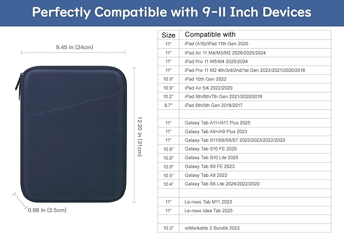 Dadanism 9-11" Tablet Sleeve Bag Carrying Case for iPad (A16) 11th Gen 11", iPad 10th Gen 10.9" Air 5/4, iPad Air M4/Pro 11", iPad 9/8/7th, Galaxy Tab A11+ Plus 11", Remarkable 2 10.3", Indigo