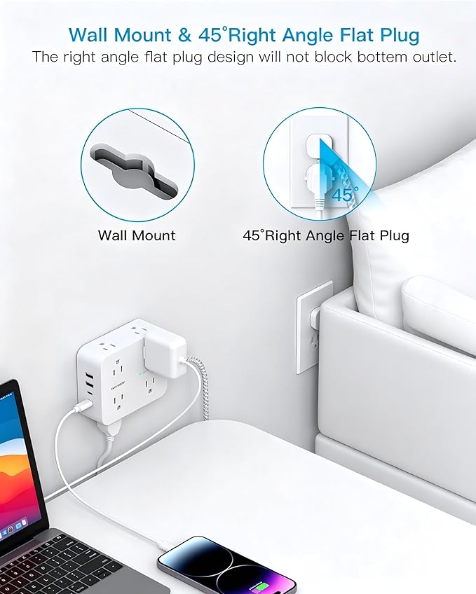 HANYCONY 5 Ft Braided Extension Cord with Ultra-Thin Flat Plug, 8 Widely Spaced Outlets and 4 USB Ports (2 USB C), 1080J Surge Protector Power Strip, Small Desktop Charging Station for Dorm Room