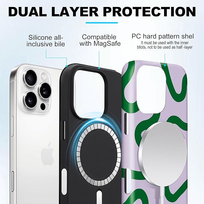 Magnetic for iPhone 14 Pro Max Case Cute Curved Stripes Phone Case, Shockproof Slim TPU and Hard PC Protective Phone Cover Compatible with MagSafe Designed for Women Girls,Green