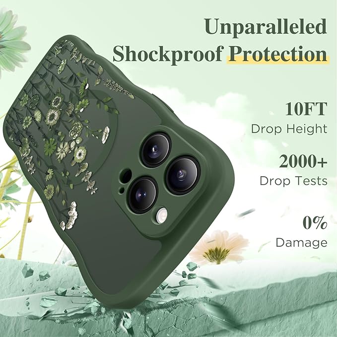 GVIEWIN for iPhone 15 Pro Case Compatible with MagSafe [Curly Wave Edge][Full Camera Protection] Floral Translucent Shockproof Magnetic Women Phone Case for iPhone 15 Pro 6.1'',Floratopia/Forest Green