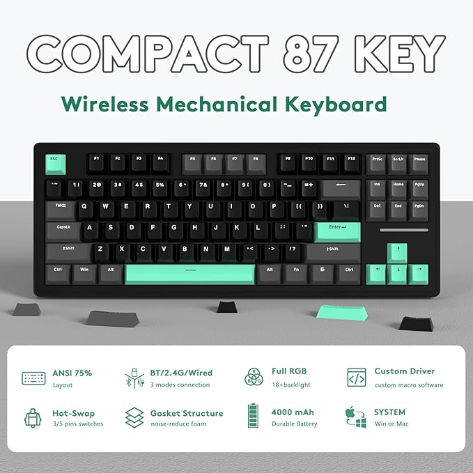 FELICON Attack Shark M87 80% Wireless Mechanical Gaming Keyboard, Tri-Mode (Bluetooth/2.4GHz/USB-C), RGB Backlit, Hot-Swappable PBT Keycaps – Black