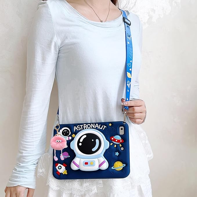 3D Cute Astronaut Case for iPad 9th/8th/7th 10.2 inch/Air 3 2019/Pro 10.5 inch,Kawaii Cartoon Pretty Space Astronaut Soft Silicone Foldable Stand Case with Lanyard for Kids Teens Girls Women