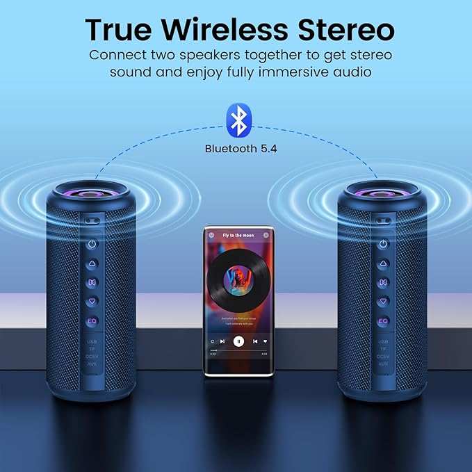 Portable Bluetooth Speaker, 2026 Bluetooth 5.4 Wireless Speaker with 20W HD Loud Stereo Sound, 20H Playtime, LED Lights, IP7, TWS Pairing, Built-in Mic, for Outdoor, Home, Beach, Party, Gift, Blue