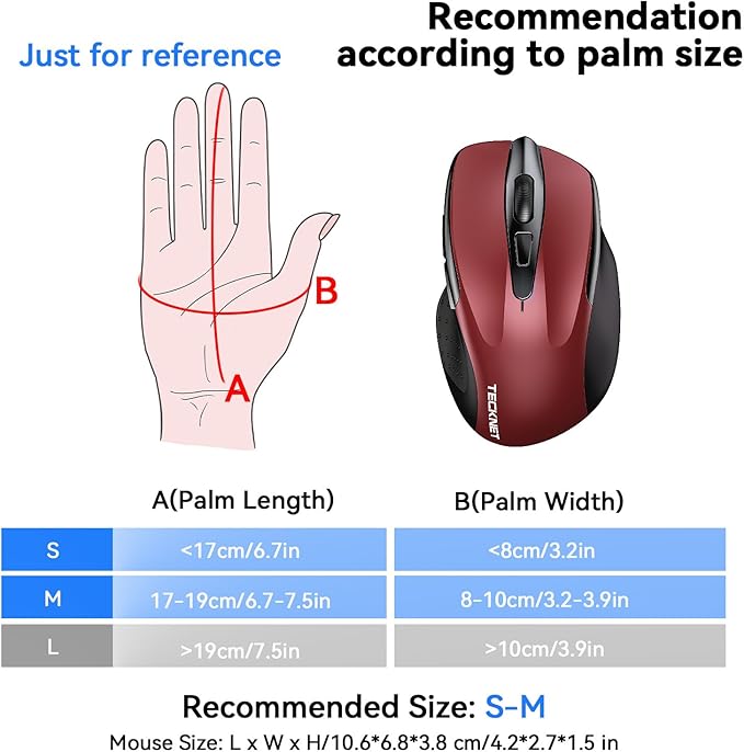 TECKNET Rechargeable Jiggler Wireless Mouse (BT5.0/3.0 & 2.4G) 4800 DPI Silent USB A & Bluetooth Mouse 6 Buttons, Wide Compatibility - Red