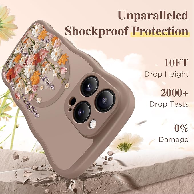 GVIEWIN for iPhone 16 Pro Max Case Compatible with MagSafe [Curly Wave Edge][Full Camera Protection] Floral Translucent Shockproof Magnetic Women Phone Case for 16 Pro Max, Primrose/Brown