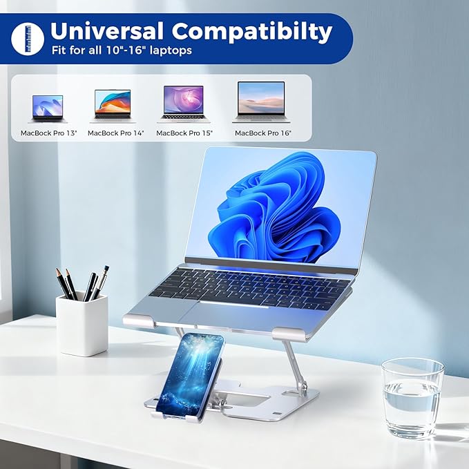 Ergonomic 2-in-1 Laptop Phone Stand for Desk, Adjustable Riser, Sturdy and Portable, Fits All Laptops and Phone (White)