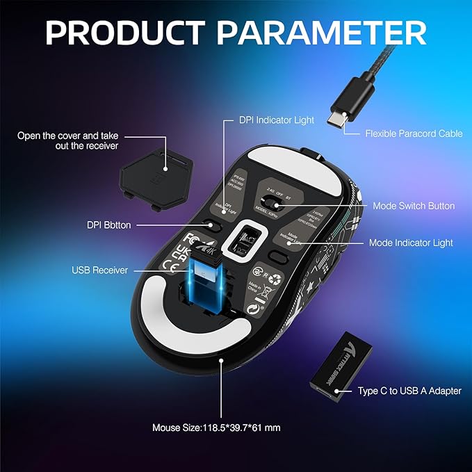MANBASNAKE Attack Shark X3 Pro 4K/8K Hz Mouse, 59g Superlight BT/2.4G Wireless/Wired Gaming Mouse, PixArt PAW3395 Gaming Sensor, 26000 DPI, Griptape, Programmable Buttons for Win11/Xbox/PS/Mac(Black)