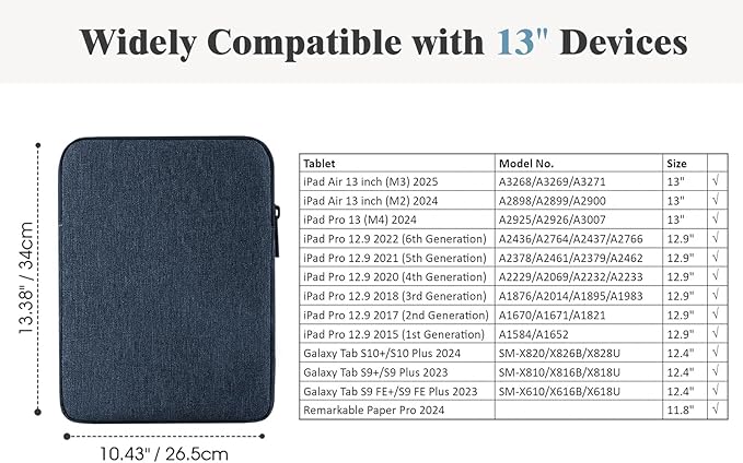 TiMOVO 13 Inch Tablet Sleeve for Pad Air 13" M3 2025, iPad Pro 13"/12.9", Galaxy Tab S9 Plus/S10+/S9 FE+, Remarkable Paper Pro 11.8", Protective Pocket Bag, Midnight Blue