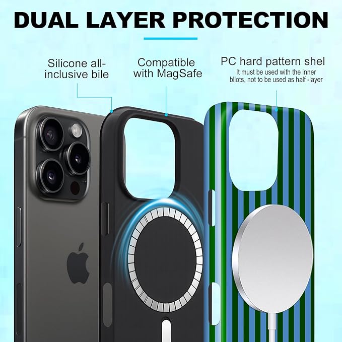 Magnetic for iPhone 16 Pro Max Case Cute Stripes Phone Case, Shockproof Slim TPU and Hard PC Protective Phone Cover Compatible with MagSafe Designed for Women Girls, Green and Blue