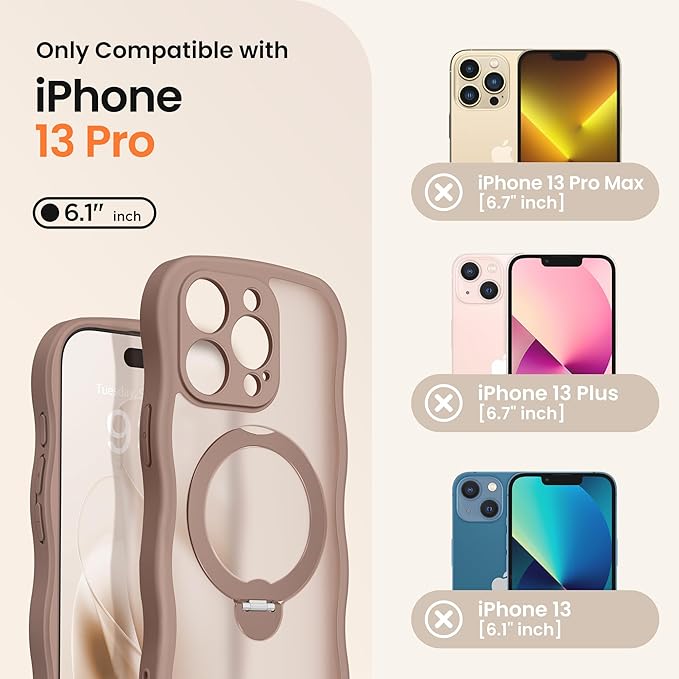 CAPRARO for iPhone 13 Pro Case with 360° Spin Magnetic Stand for Women, [Compatible with MagSafe] [Full Camera Protection] Cute Wave Translucent Matte Case for iPhone 13 Pro, Brown