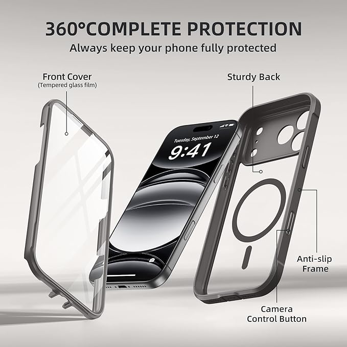 BERFY for iPhone 17 Pro Case, Compatible with MagSafe, Built-in Glass Screen Protector, Camera Protection, Shockproof Full Body Phone case 6.3", Clear Grey