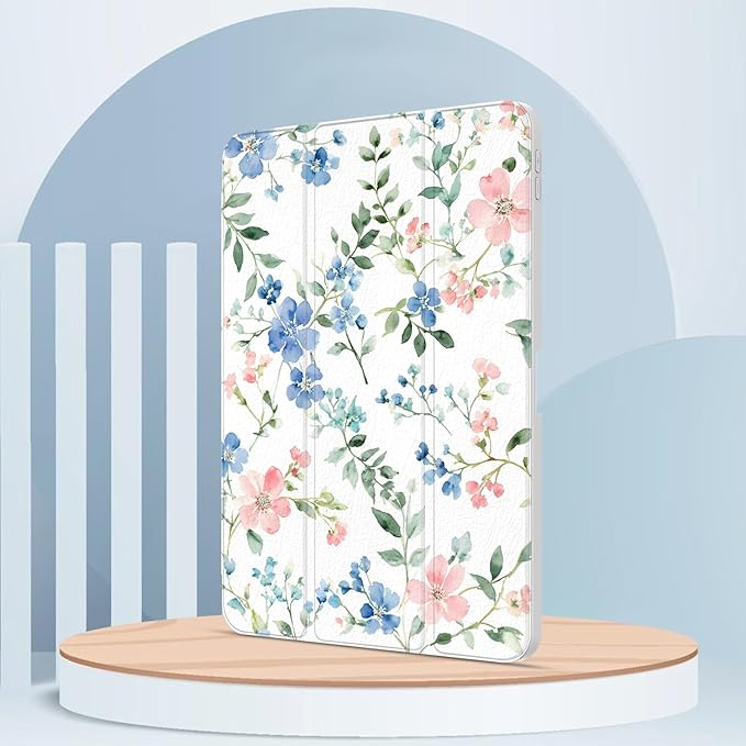 Case for iPad Pro 11 inch 4th/ 3rd/ 2nd / 1st Generation (2022/2021/2020/2018), Case with Pencil Holder, Clear Back Cover Cute Cool Design for Women Girls, Auto Sleep/Wake, Blue Pink Flower