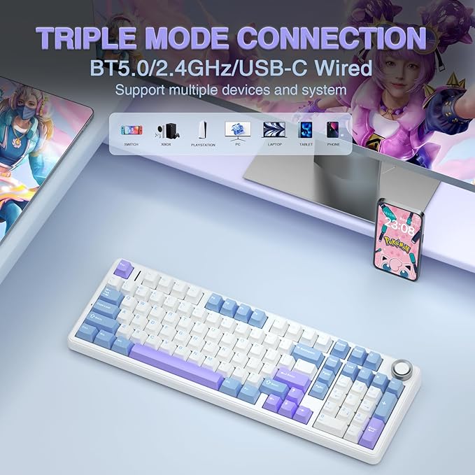 AULA F99 Pro Wireless Mechanical Keyboard with Knob,Creamy Sound,Tri-Mode BT5.0/USB-C/2.4GHz Hot Swappable Keyboard,Gasket Structure,RGB Backlit Computer Gaming Keyboards