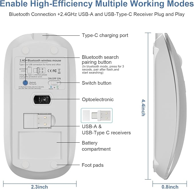 Kovess Wireless Bluetooth Mouse for Mac Air MacBook Pro Laptop PC Pad Optical Rechargeable Silent Mouse with Jiggler Mode Dual Mode Switch Bluetooth 5.2/3.0 and 2.4G USB-A & USB-C Receiver Gray