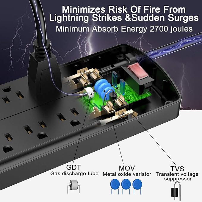 Power Strip Surge Protector - ALESTOR 10 Feet Extension Cord (1875W/15A) with 12 Outlets and 4 USB Ports, 2700 Joules, for Home, School, College Dorm Room, and Office, ETL Listed, Black