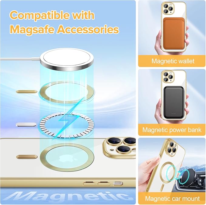 Hython Magnetic Clear for iPhone 11 Pro Case with Camera Lens Protector [Compatible with MagSafe] Luxury Plating Edge Slim Soft TPU Cover Protective Phone Case for iPhone 11 Pro 5.8", Matte Gold