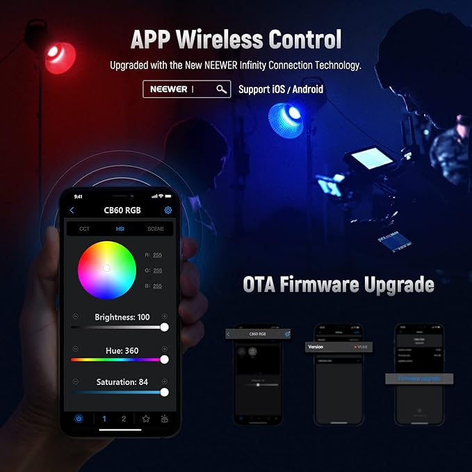 NEEWER CB60 RGB 70W LED Video Light with App Control, Bowens Mount COB Full Color Continuous Output Lighting 18000Lux/1m CCT 2700K-6500K CRI97+ 17 Scenes for Photography/Studio Video Recording