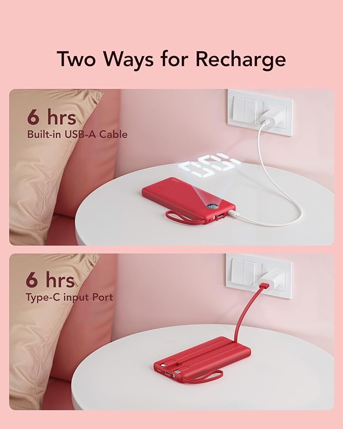 VRURC Portable Charger, 10000mAh Power Bank Built in Cables for iPhone, Slim Compact Travel Essential, 5 Outputs 2 Inputs USB C Battery Pack for iPhone 17 16 15 14 13, Samsung, Android etc-Magenta