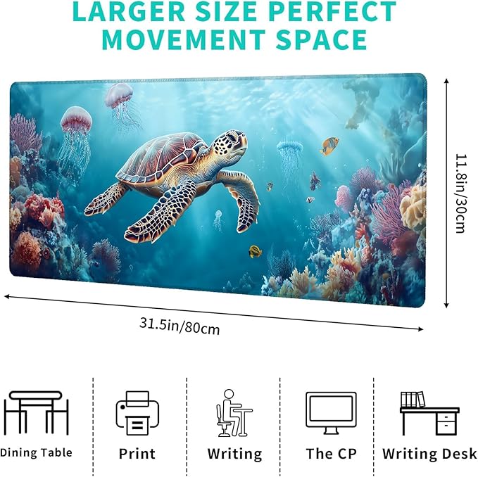 Sea Turtle Gaming Mouse Pad – 12x31.5in Large Extended Desk Mat with Underwater Marine Life Design – Non-Slip Rubber Mousepad for Office Home – Deskmat Gifts for Ocean Lovers Decor