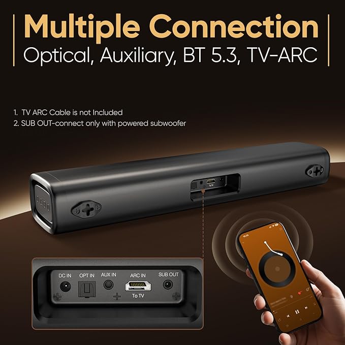 Saiyin Sound Bar for Smart TV, 60W Bluetooth 5.3 Soundbar with Dual Bass Drivers&Clear Voice, Virtual Surround Sound System with TV-ARC/Optical/AUX for TV/PC/Gaming/Projectors, 17 inch, Wall Mountable
